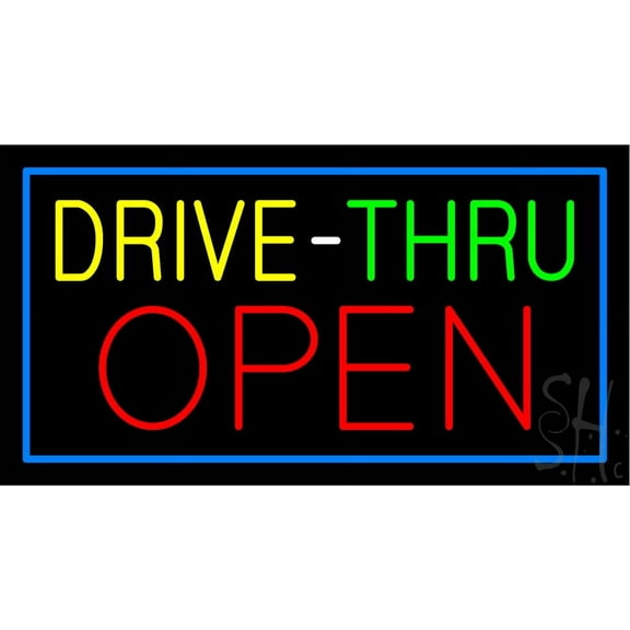 White Drive-Thru Red Open with Blue Border LED Neon Sign 13 x 24 - inches, Clear Edge Cut Acrylic Backing, with Dimmer - Bright and Premium built indoor LED Neon Sign for restaurant decor.
