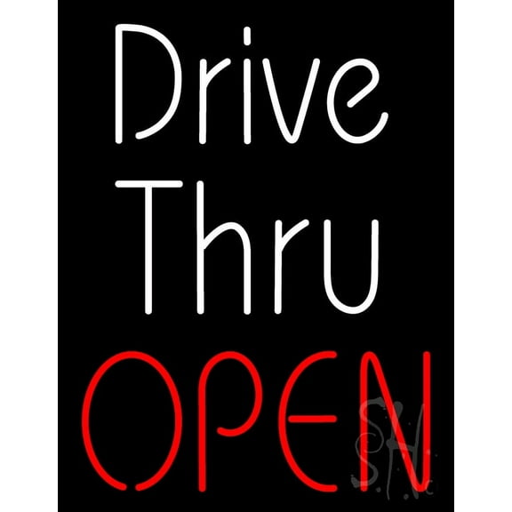 White Drive Thru Red Open LED Neon Sign 24 x 31 - inches, Black Square Cut Acrylic Backing, with Dimmer - Bright and Premium built indoor LED Neon Sign for restaurant window and interior decor.