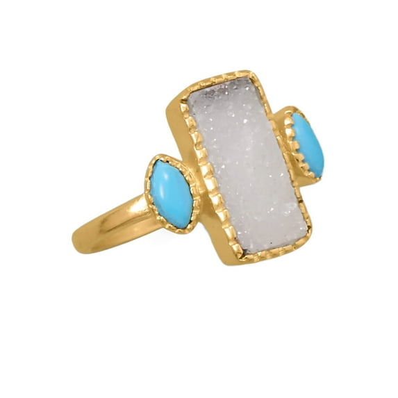 White Druzy and Synthetic Turquoise Ring 14k Yellow Gold-plated Sterling Silver
