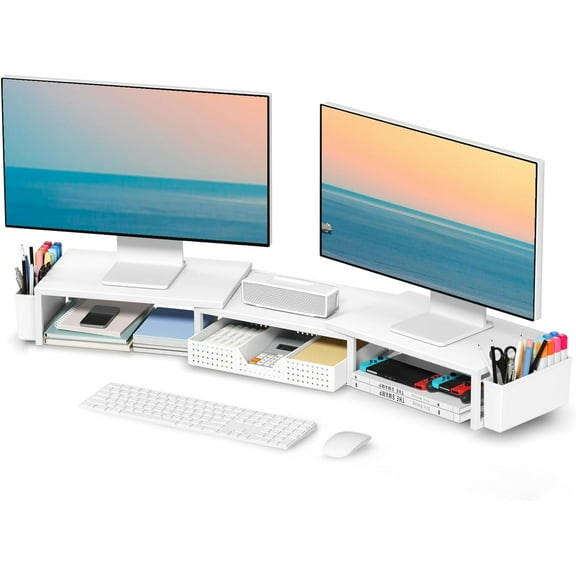 White Dual Monitor Stand Riser, Metal Desk Organizers and Accessories with Drawer and 2 Pen Holders, Computer Monitor Stand for Desk