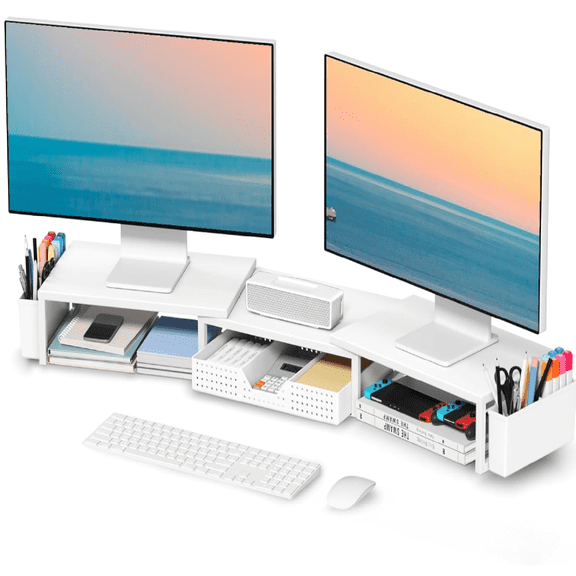 White Dual Monitor Stand Riser, Metal Desk Organizers and Accessories with Drawer and 2 Pen Holders, Computer Monitor Stand for Desk