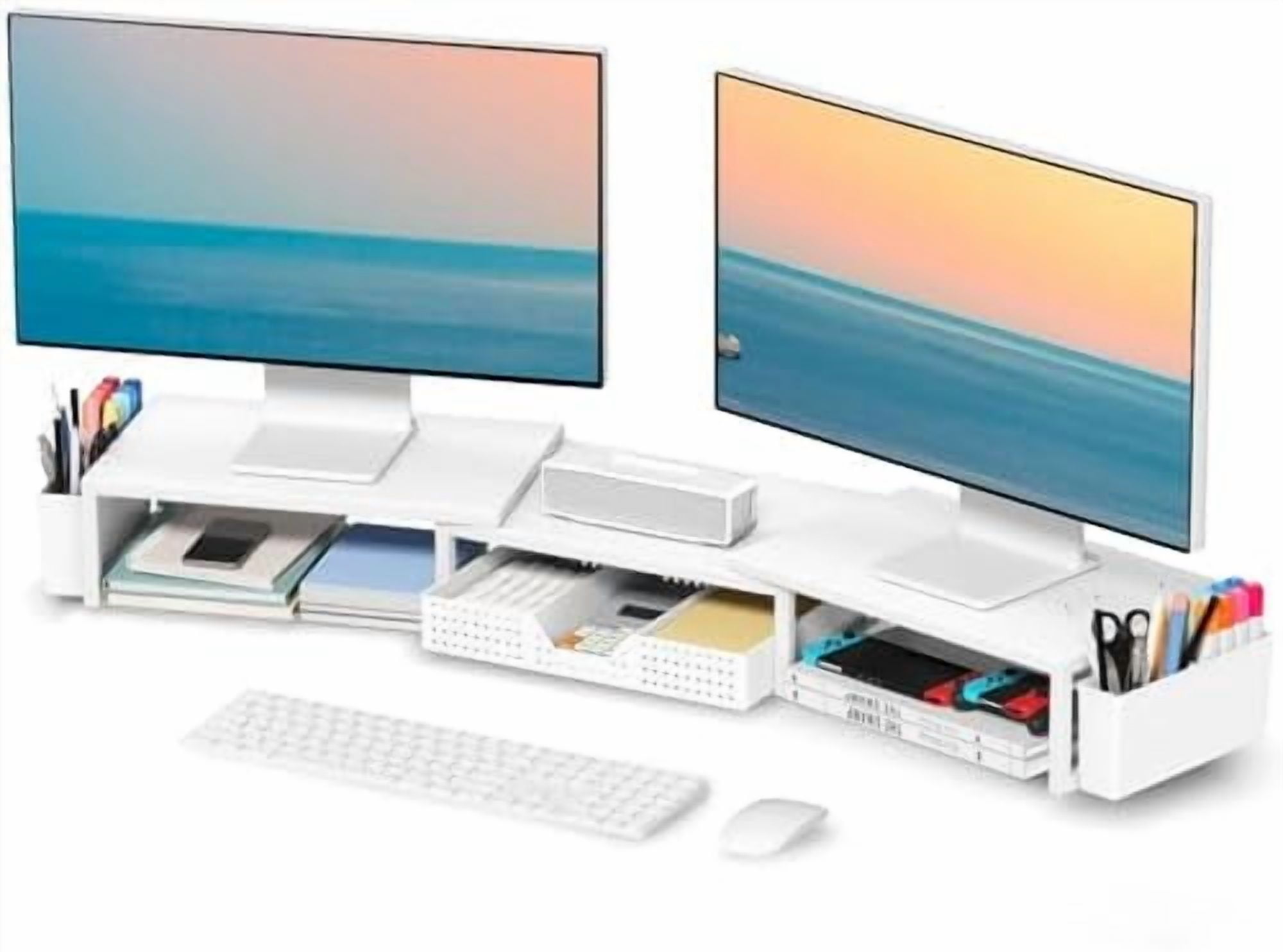 White Dual Monitor Stand Riser, Metal Desk Organizers and Accessories with Drawer and 2 Pen Holders, Computer Monitor Stand for Desk