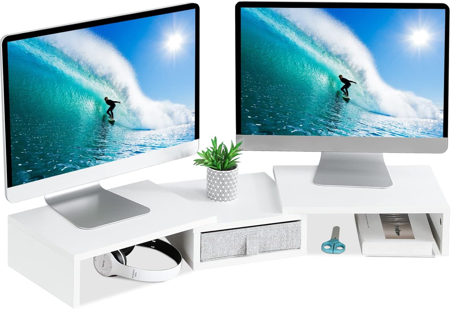 White Adjustable Dual Monitor Stand Riser with Drawer