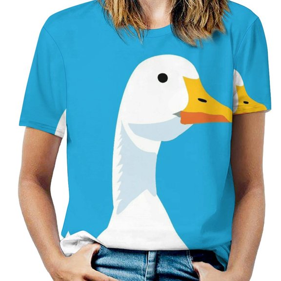 White Duck Blue Background Womens Tops Women's Fashion Casual Short Sleeve Flower Print Round Neck Pullover Top Blouse