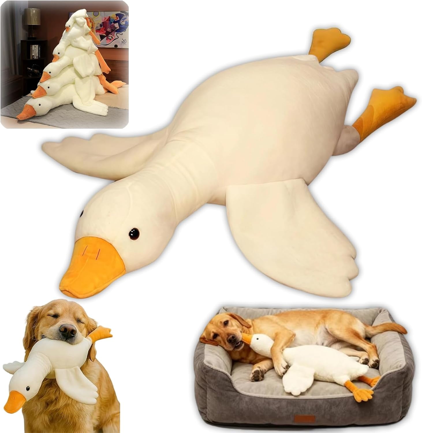 White Duck Dog Toy, Large Realistic Goose Plush Toy for Dogs, Durable Soft Duck Pillow Toy for Chewing, Playing & Indoor Use