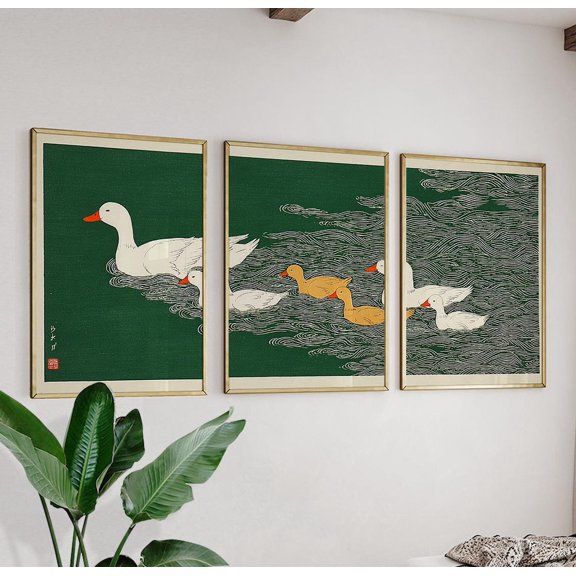 White Duck Japanese Water Pattern Art Prints Wall Decor Set 3 Stretched Canvas 12x18