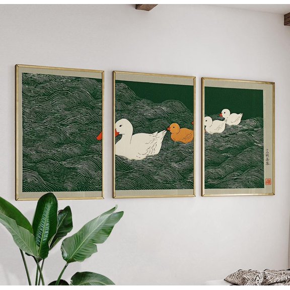 White Duck Japanese Water Pattern Art Prints Wall Decor Set 3 Stretched Canvas 12x18