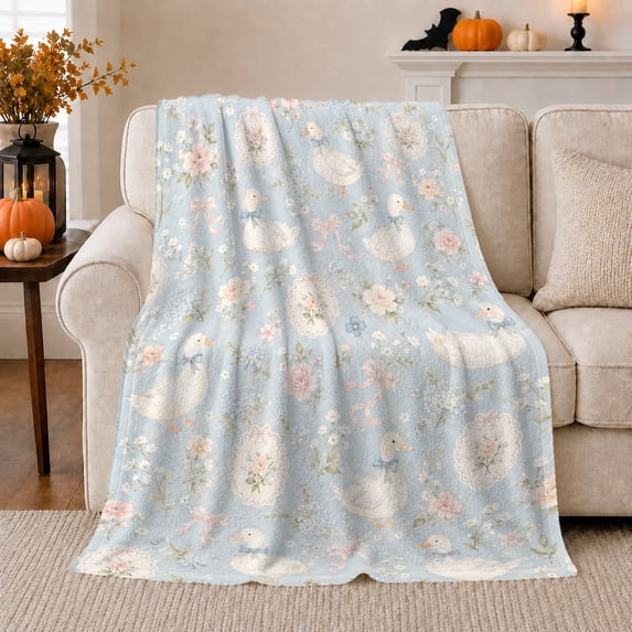 White Duck Lace Diamond Lattice Roses Cameo Vintage, Cozy Bird Art Scene, Warm Flannel Blanket for Ranch House and Living Room, Bird Lovers Friendship Gift, Artistic Home Decor