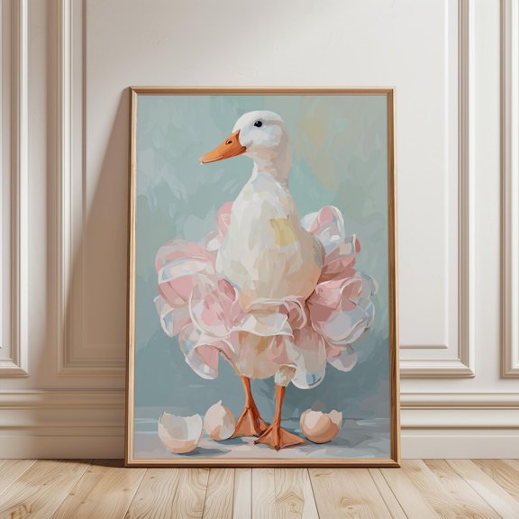 White Duck Portrait Art Print Pastel Ruffles Farmhouse Cottagecore Wall Decor, Unframed Paper Print