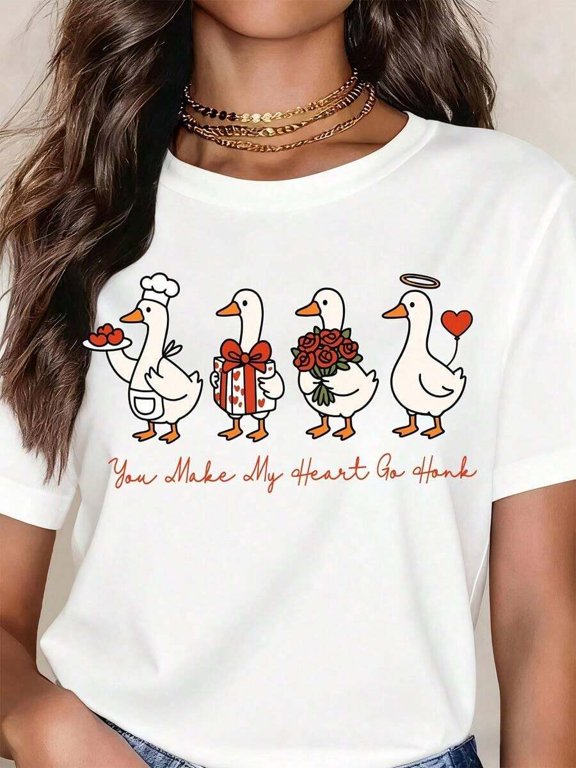 White Duck Valentine Design You Make My Heart Go Honk Womens Graphic Tee With Cute Cartoon Ducks Holding Gifts Flowers And Heart Print