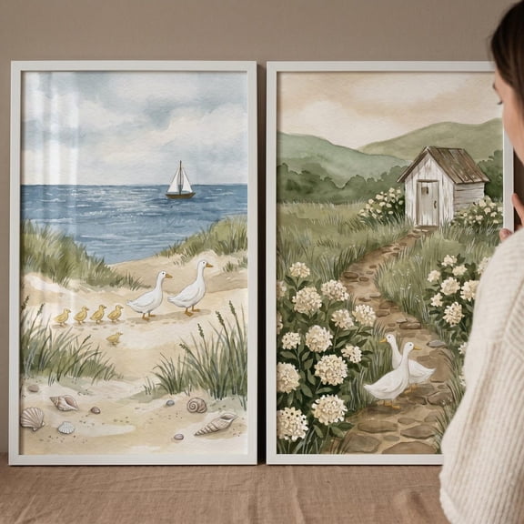 White Duck Wall Art Set Of 2 coastal nursery decor watercolor beach cottage prints seaside duckling art cottagecore animal prints Set 2