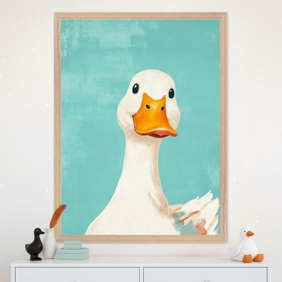 White Duck Whimsical Animal Portrait Wall Art Cute Farmhouse Nursery Decor Unframed Paper Print