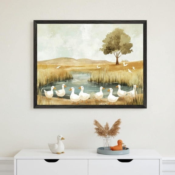 White Ducks Pond Scene Wall Art Farmhouse Nursery Decor Country Landscape Unframed Paper Print