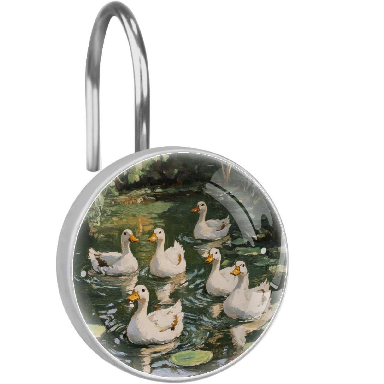 White Ducks Swim on Pond Shower Curtain Hooks Round Crystal Glass, Set of 12 Shower Curtain Rings - Shower Hooks for Curtain Shower Rings