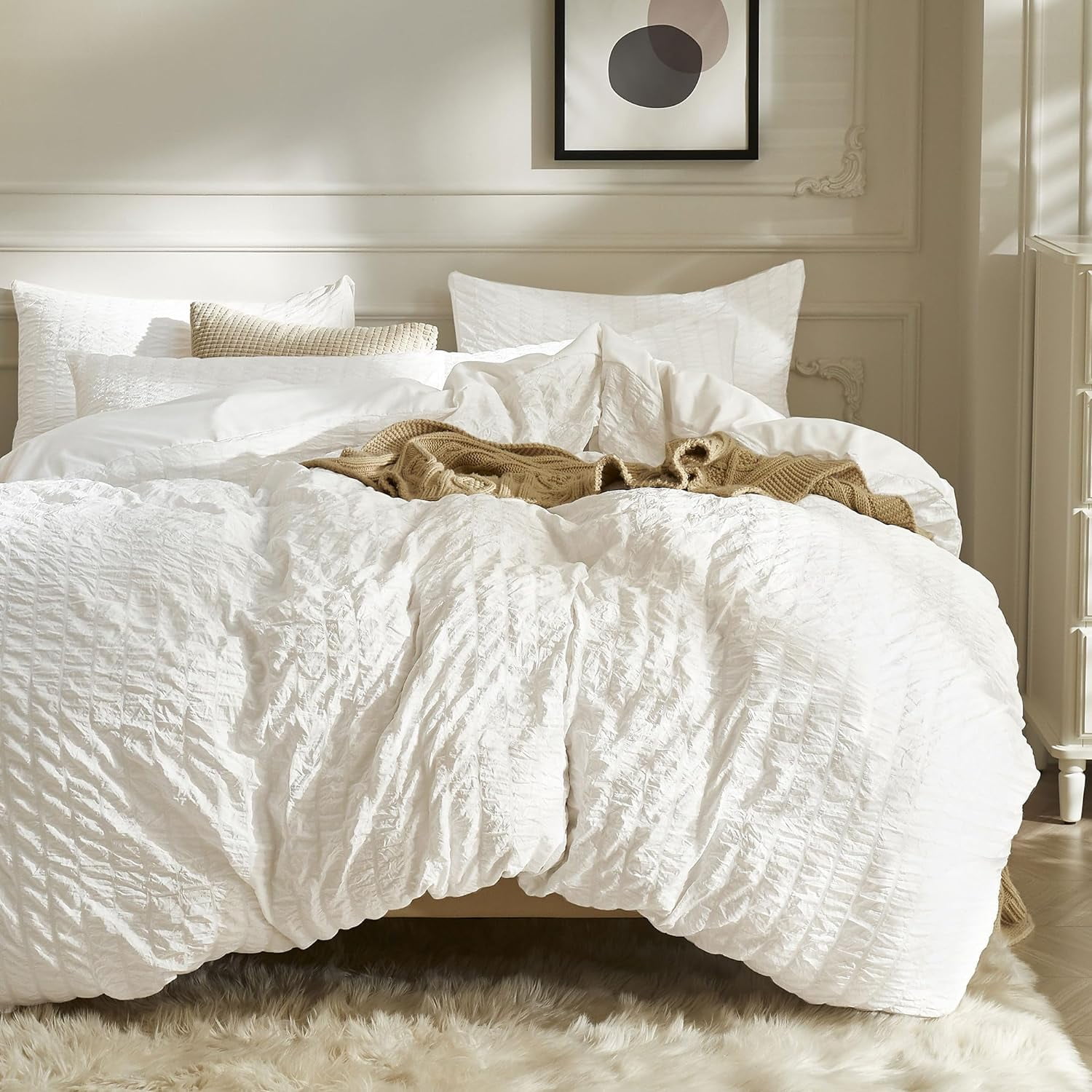White Seersucker Queen Microfiber Duvet Cover Set, 3-Piece