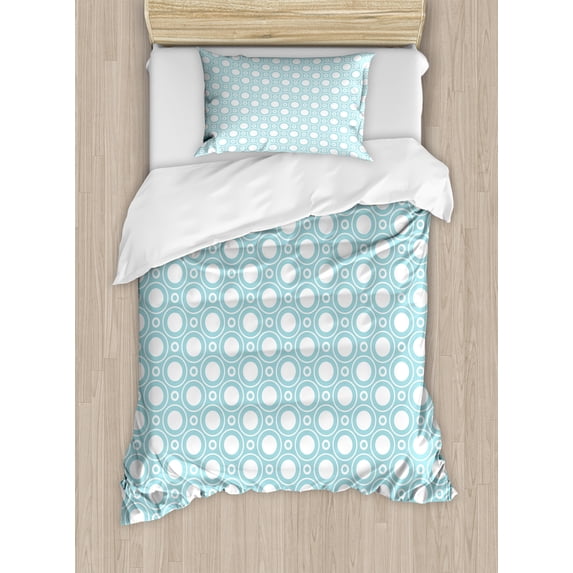 White Duvet Cover Set, Graphic Design Detailed Drawings Curvy Rounded Circular Flowers Leaves Wildlife, Decorative 2 Piece Bedding Set with 1 Pillow Shams, Twin Size, Pale Blue White, by Ambesonne