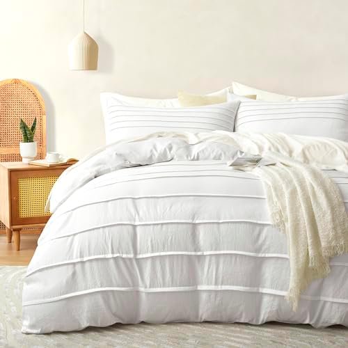 White Duvet Cover Twin Size - Pleated Twin Duvet Cover, 2PCS Soft and Breathable Textured Bedding Set with Zipper Closure(White,68"x90")