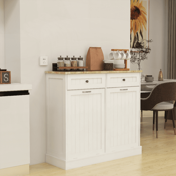 White E1 MDF Kitchen Trash Cabinet with 2 Drawers & Tilt-Out Compartment - Fits 10 Gallon Bins