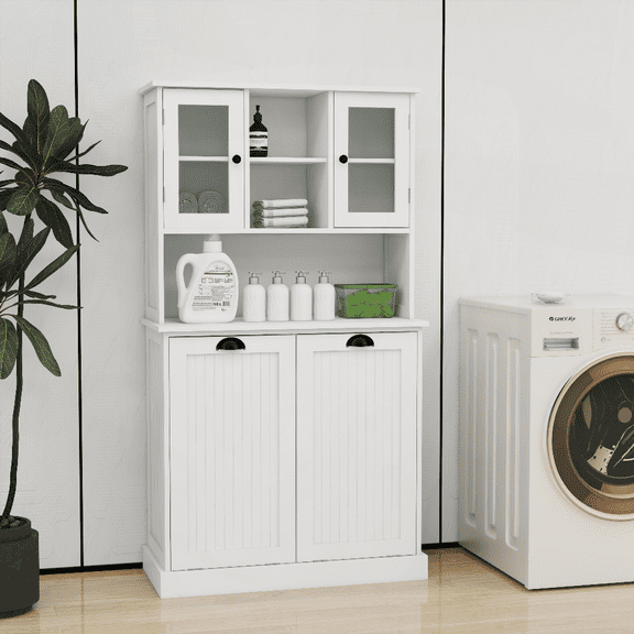 White E1 MDF Tilt-Out Laundry Cabinet with 2 Adjustable Shelves - Bathroom Storage Organizer