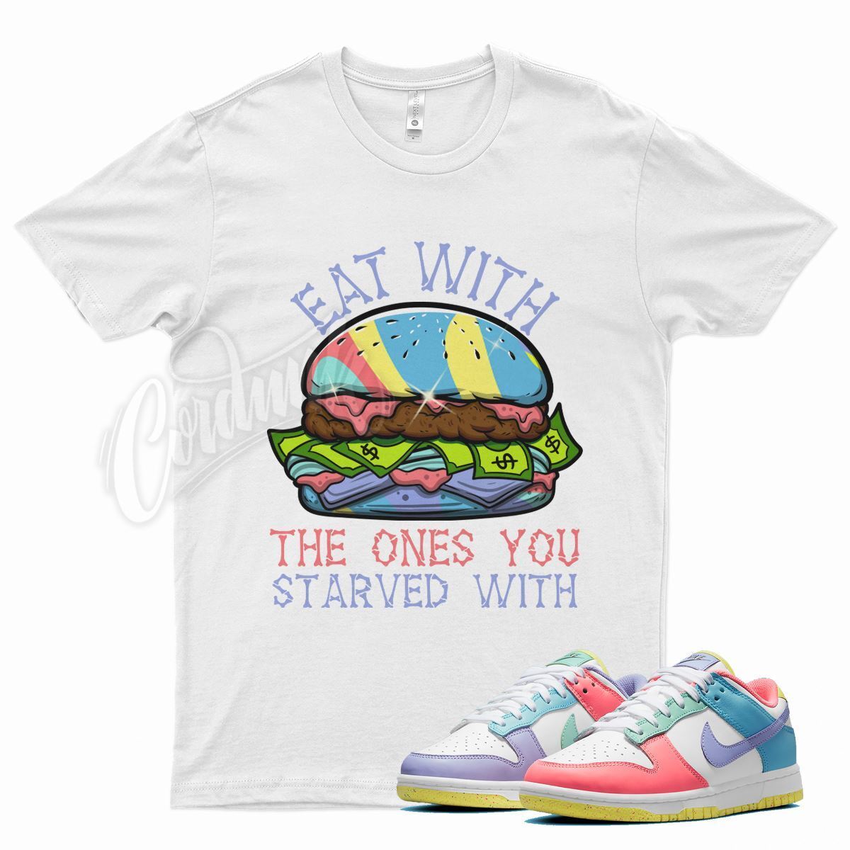 White EAT T Shirt for N Dunk Low Candy Soft Pink Easter Sunset Pulse