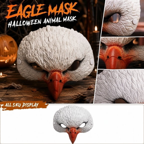 White Eagle Mask, Eagle Mask, Feather Texture Mask, Halloween Accessory, Lightweight Resin Bird of Prey Half Mask with Breathable Eye Cutouts, 9X9X3 in Size, Fastener Fitting for