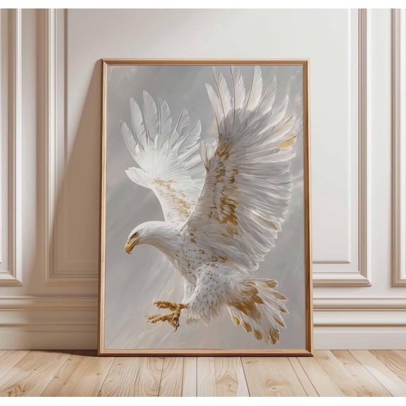 White Eagle Soaring Majestic Bird Elegant Bald In Flight Grey Neutral Toned Animal Decor Regal Wildlife Art Poster Wall Art Print