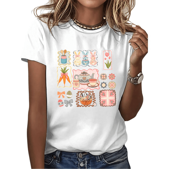 White Easter Bunny Carrot Teapot Eggs Floral Coquette Graphic Tees Print Tshirt Shirts Cute Spring Holiday Casual Tops For Women S-5XL