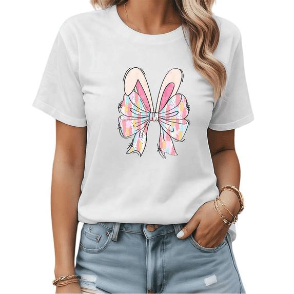 White Easter Bunny Ears Pastel Bow T-Shirt Graphic Tees Shirts Easter Day Casual S-5XL Tops