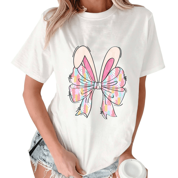 White Easter Bunny Ears Pastel Bow T-Shirt Graphic Tees Shirts Easter Day Kawaii S-5XL Tops