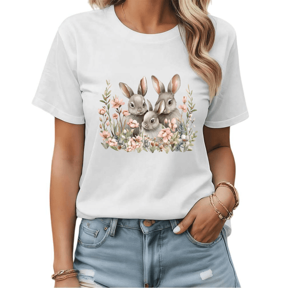 White Easter Bunny Family Floral Print T-Shirt Graphic Tees Shirts Easter Holiday Casual S-5XL Tops