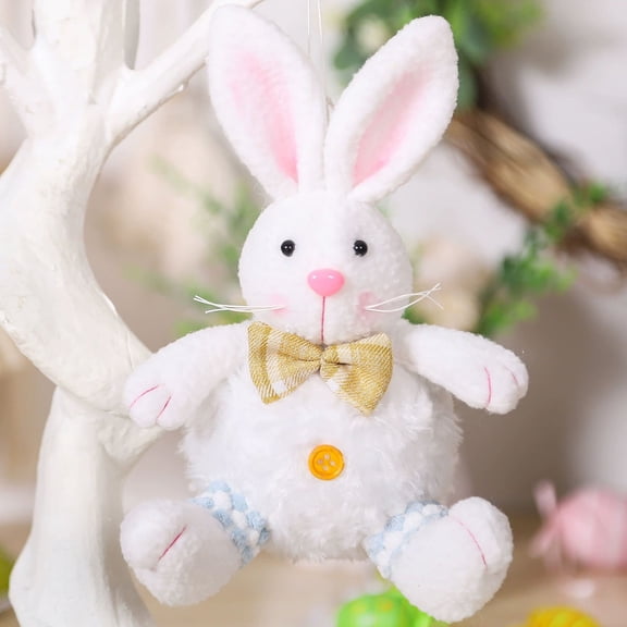 White Easter Bunny Plush Ornament With Golden Bow 7.48 Inch Hanging Rabbit Decoration Fresh White Tone Soft Short Plush Texture For Easter Tree And Home