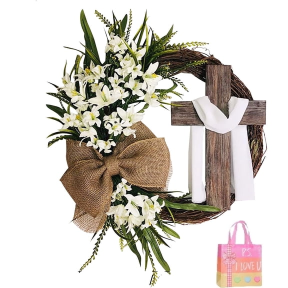 White Easter Cross Wreath with Burlap Bow - Wooden Jesus Hanger Spring Front Door Decor for Farmhouse Patio Porch Wall & Christian Gift Z