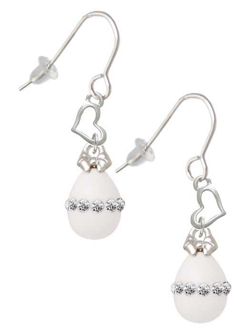 White Easter Egg with Clear Crystal Band Heart French Earrings
