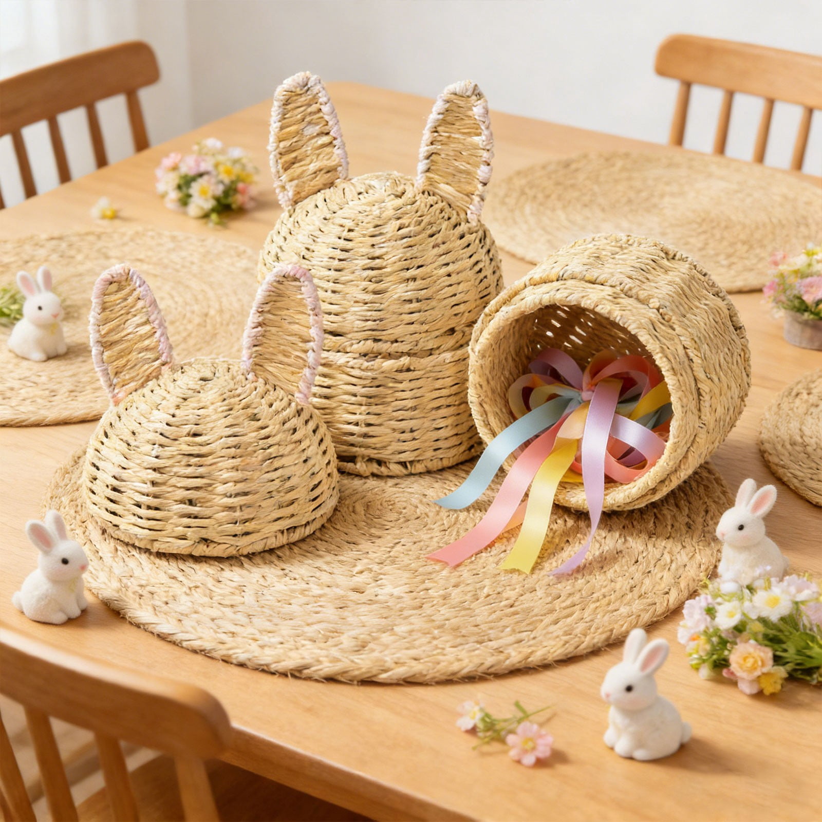 White-Edged Rabbit Ear Storage Basket, Easter Bunny Paper Rope Woven Storage Basket, Holiday Egg Decor Basket Home Desktop Miscellaneous Organizer, By Kingtowag