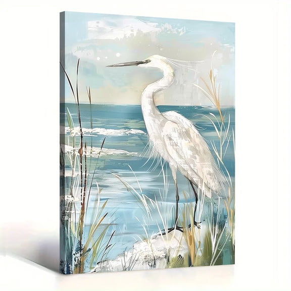 White Egret Canvas Wall Art Coastal Bird Painting Ocean Shore Beach House Living Room Bedroom Decor Print Ready to Hang 16*24