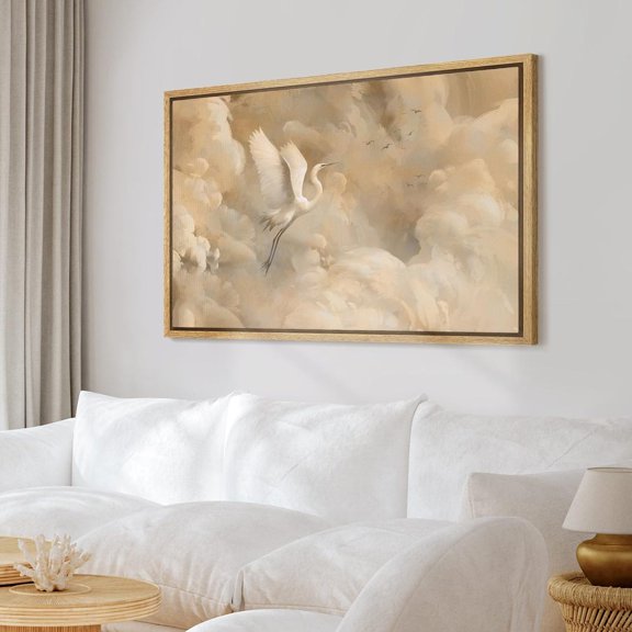 White Egret Flying Clouds Minimalist Poster, Unframed Size 8x12