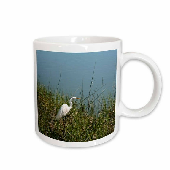 3drose, White Egret Standing in Grass W Water, 15oz Mug