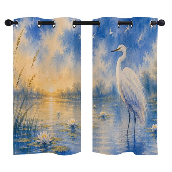 White Egrets Blackout Curtains 39 Inches Long, Minimalist Heron Bird Blue Sky Lake Wetland Reeds Coastal Thermal Insulated Room Darkening Drapes with Grommets for Living Room 27.5"W x 39"L, 2 Panels