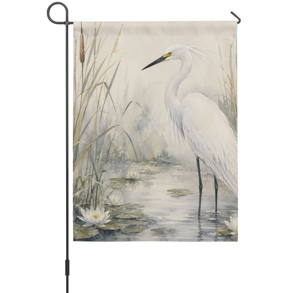 White Egrets Garden Flag 12 x 18 Inches, Minimalist Heron Bird Lake Wetland Reeds Cattails Weather Proof Outdoor Patio Flags Double Sided Small Garden Decoration for Yard Outside Home