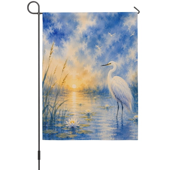 White Egrets Garden Flag 12 x 18 Inches, Minimalist Heron Bird Lake Wetland Reeds Coastal Weather Proof Outdoor Patio Flags Double Sided Small Garden Decoration for Yard Outside Home
