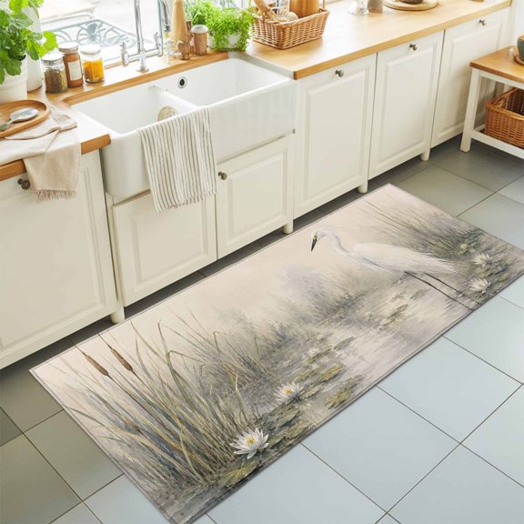 White Egrets Washable Runner Rugs 2'x6', Minimalist Heron Bird Lake Wetland Reeds Cattails Washable Runner Rug Non-Slip Sturdy Edge Binding Carpet for Bedside Hallway Runner Kitchen Galley