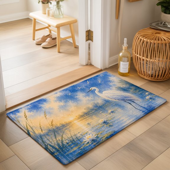 White Egrets Washable Small Entryway Area Rugs 2'x3', Minimalist Heron Bird Blue Sky Lake Wetland Reeds Coastal Washable Throw Rug Non-Slip Sturdy Edge Binding Carpet for Front Door Floor Room Entry