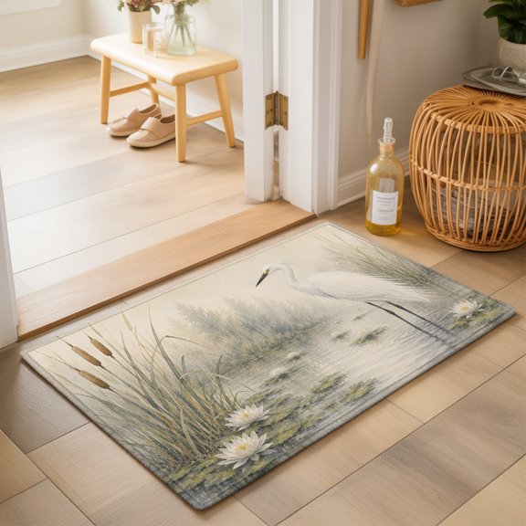 White Egrets Washable Small Entryway Area Rugs 2'x3', Minimalist Heron Bird Lake Wetland Reeds Cattails Washable Throw Rug Non-Slip Sturdy Edge Binding Carpet for Front Door Floor Room Entry