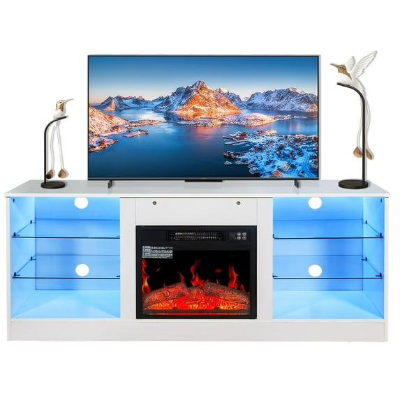 Electric Fireplace Heater TV Stand for TVs Up to 65", 58 Inch TV Cabinet, Rustic Wood Fake Fireplace Entertainment Center for Living Room Bedroom, Wood Color, TE2203