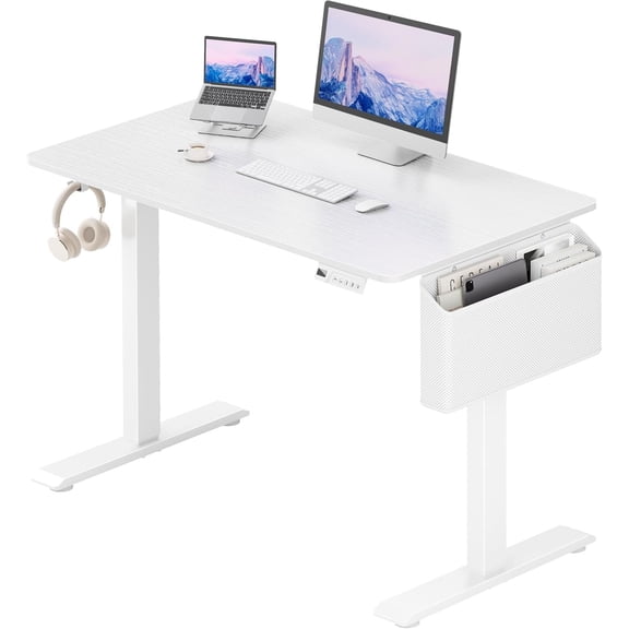White Electric Sit To Stand Desk - 40 Inch Small Computer Desk Adjustable Height for Work Study Writing, Compact Sit Stand up Desks Table Workstation for Small Space Adult Boy Girl Office Bedroom