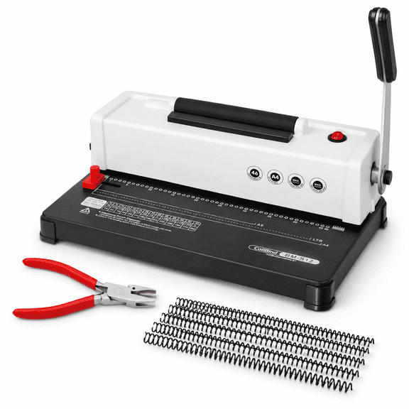 White Electric Spiral Coil Binding Machine with 5/16'' Coils and Pliers for A4/A5/Letter Paper