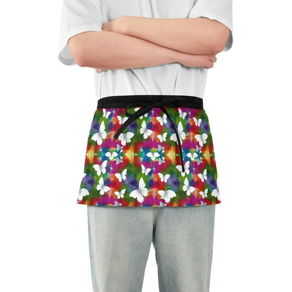 White Elegant Butterflies Server Apron with 3 Pockets Waterproof Waitress Waist Short Apron for Man Woman 12 Inches