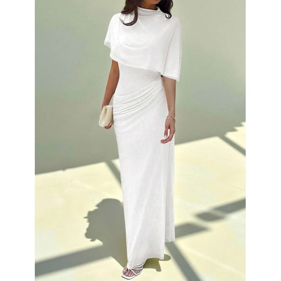 White Elegant Cowl Neck Ruched Waist Maxi Dress With Draped Overlay, Minimalist Long Dress For Work Date Vacation