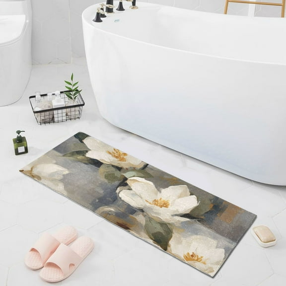 White Elegant Gardenia Bathroom Runner Rug Absorbent Non Slip Bath Mat for Living Room Kitchen 39" x 20"