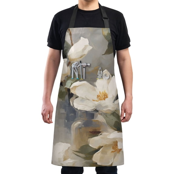 White Elegant Gardenia Chef Kitchen Apron with Pockets for Women Waterproof Aprons for Cooking Baking